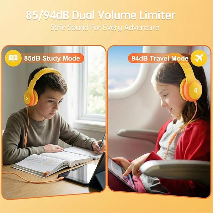 ADOOPE Wired Kids Headphones with USB C Plug, 85dB Safe Volume, Adjustable Headband, Tangle-Free Cord Headphones for School, Tablet, Travel (Yellow & Orange, with Microphone)
