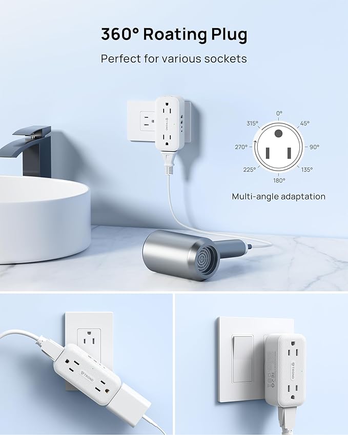 TROND Outlet Extender with 360 Rotating Plug, Plug Adapter with 4 Electrical Sockets and 4 USB Ports, 900 Joules Surge Protection, 3 Way Outlet Splitter for Home Office Travel, White