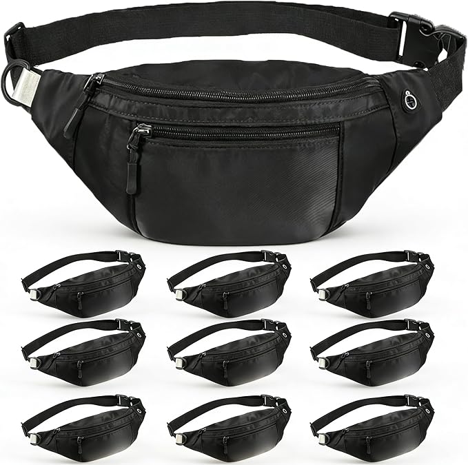 10PCS Crossbody Fanny Pack Bulk,Large Capacity Waist Bag with 4-Zipper Pockets Adjustable Strap Fanny Packs Waterproof Oxford Cloth Travel Belt Bag for Outdoor Shopping Travel Men Women,Black