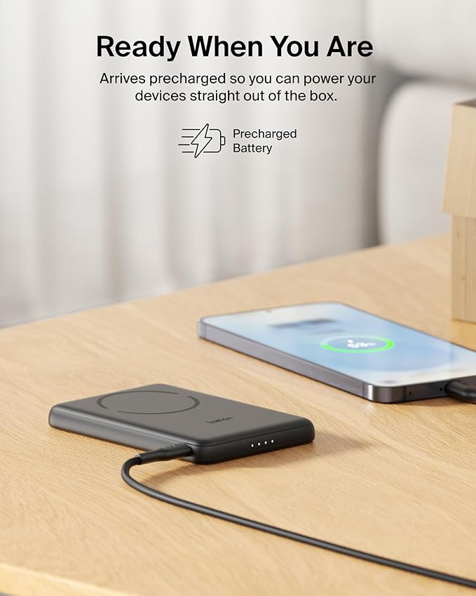 Belkin MagSafe Power Bank 5,000mAh, Ultra-Slim Qi2 15W Certified Magnetic Back Supports MagSafe Accessories On-the-Go, Wireless Battery Pack w/USB C Cable for iPhone 17, Pixel 10, Travel - Black
