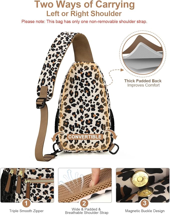 Capolo Sling Bag for Women Men Waterproof Crossbody Bags for Women Trendy Casual Fanny Pack with Convertible Shoulder Strap Chest Bag for Travel Hiking(Leopard, Large)
