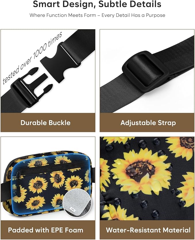 Pritent Fanny Packs for Women Cross Body Bag Waterproof Belt Bag with Adjustable Strap and Zipper Back Pocket Small Crossbody Bags Fashion Waist Packs for Workout Travelling(Sunflower)