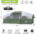 CAMPROS CP Tent 8 Person Camping Tents, Weather Resistant Family Tent, 5 Large Mesh Windows, Double Layer, Divided Curtain for Separated Room, Portable with Carry Bag