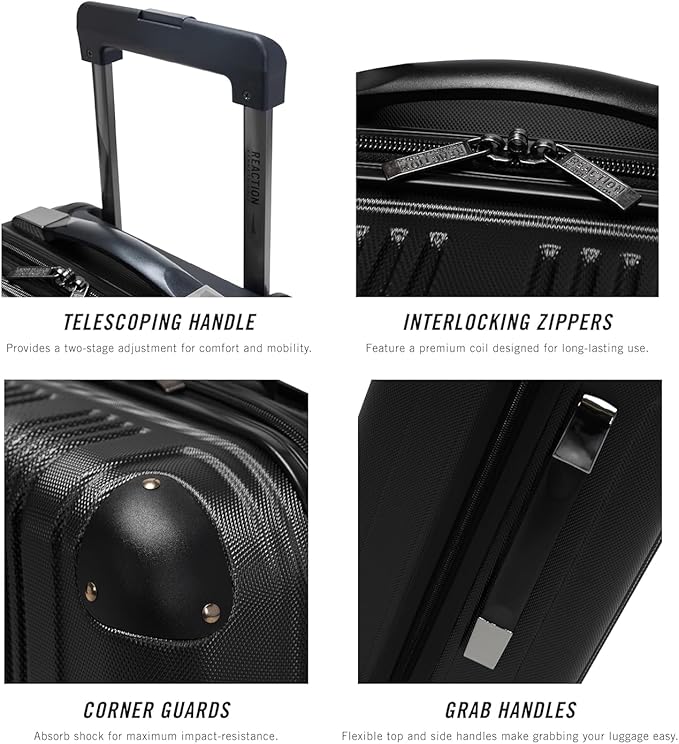 Kenneth Cole REACTION Out of Bounds Lightweight Hardshell 4-Wheel Spinner Luggage, Midnight Black, 20-Inch Carry On