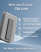 myCharge CliqLuxe Magnetic Wireless Power Bank 10,000mAh | iPhone & MagSafe Compatible | Qi2.2 25W Mag Safe Portable Charger | Built-in Stand | 20W PD USB-C Port | Premium Grey Fabric