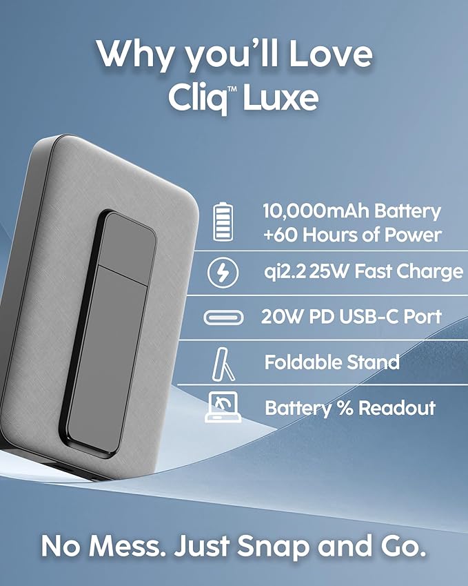 myCharge CliqLuxe Magnetic Wireless Power Bank 10,000mAh | iPhone & MagSafe Compatible | Qi2.2 25W Mag Safe Portable Charger | Built-in Stand | 20W PD USB-C Port | Premium Grey Fabric