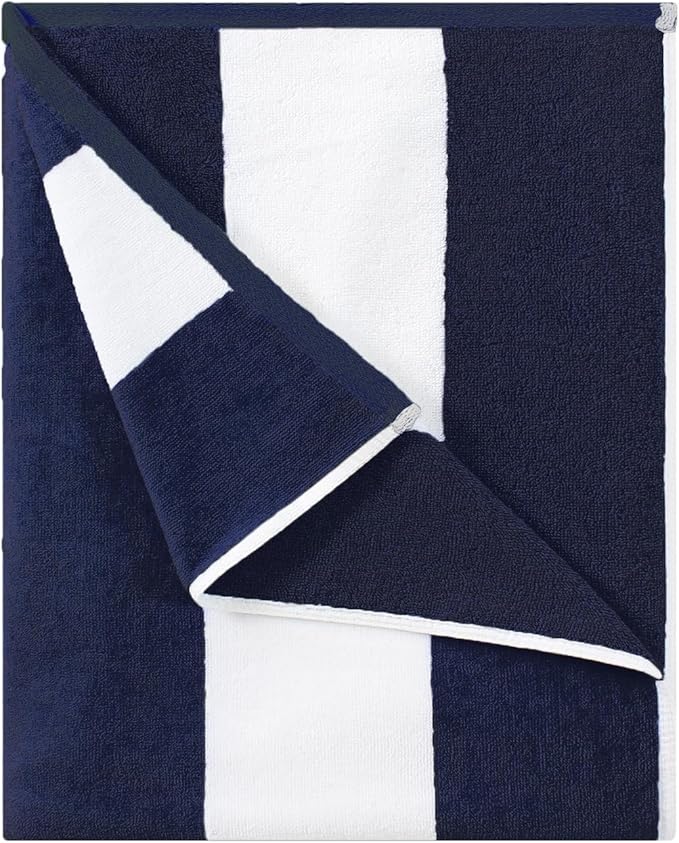 HENBAY Cotton Oversized Beach Towel - Large 70 x 35 Inch Pool Towel, Navy Blue Striped Quick Dry Swimming Cabana Towel