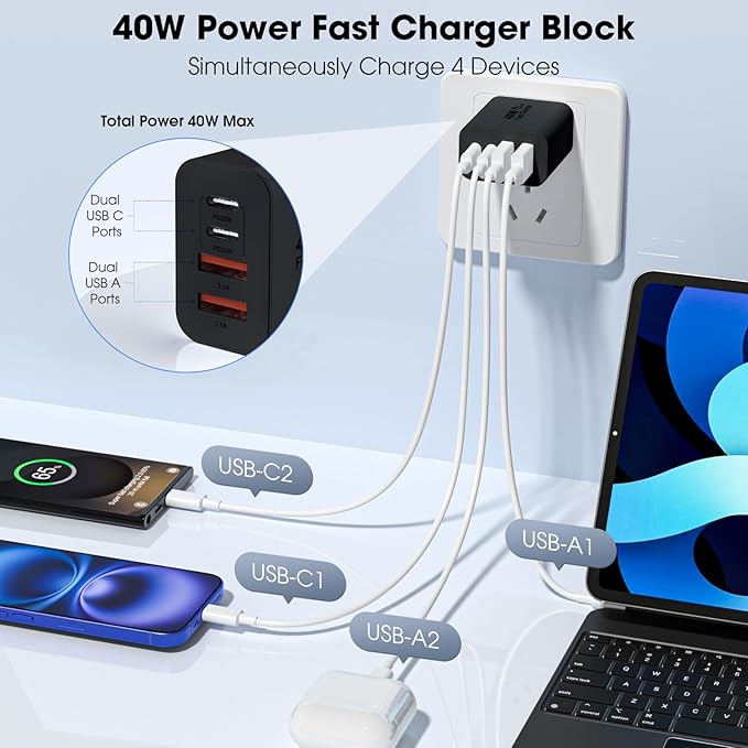 USB C Charger Block, 2 Pack 40W 4-Port iPhone Charger Fast Charging Multiport PD 3.0 & QC 4.0 Double Quick Charge, Compatible with iPhone 17/16/15/14/13/12/11，Pro Max，iPad, Samsung (2, Black)