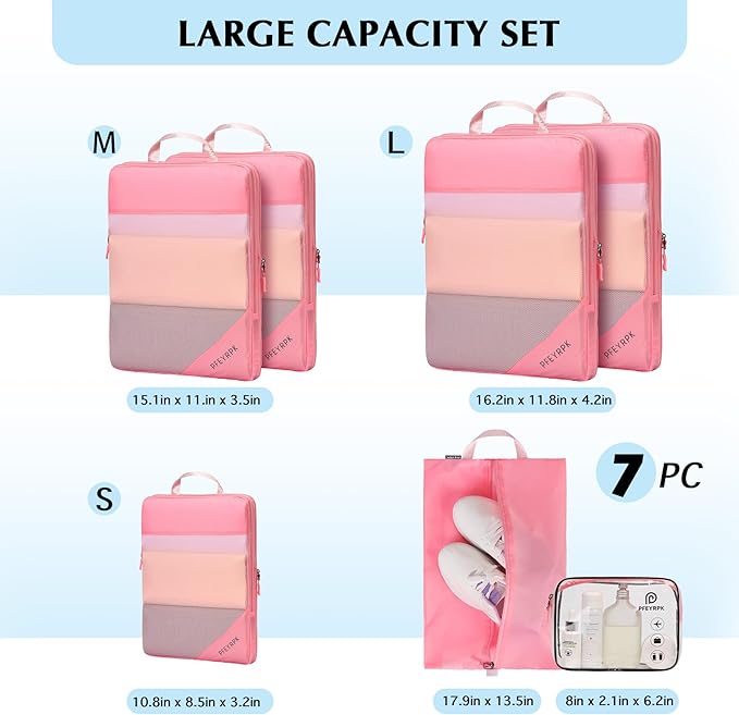PFEYRPK Lightweight Compression Packing Cubes for Suitcases, Compressible Expandable Travel Packing Organizer with Clear Toiletries and Backpack Bag, Travel Essentials for Carry on Luggage 7 Set