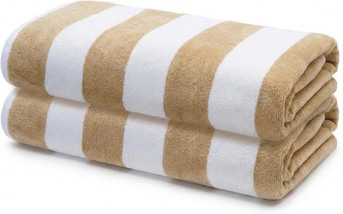 Premium Velour Cabana Beach Towel 2 Pack, 30” x 60” Soft Plush Cotton Pool Towel, Absorbent Quick Dry Towel for Beach and Pool (White Beige)