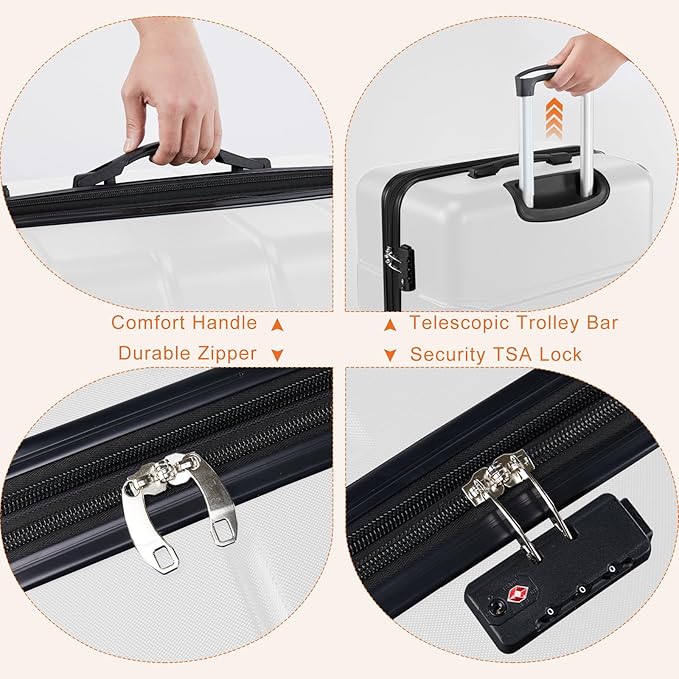 Sweetcrispy Carry on Luggage, Hard Shell ABS Suitcase with Double Spinner Wheels, Lightweight Expandable Rolling Suit Case with TSA Lock, 24 Inch Cream White