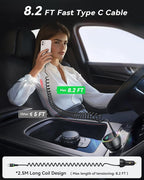Rocoren 70W Car Charger for iPhone 17/16 Pro Max, USB C Car Charger Fast Charging with 8.2Ft Type C Coiled Cable, Super Fast Cigarette Lighter USB C Phone Adapter for iPhone 15, iPad, Samsung, Android