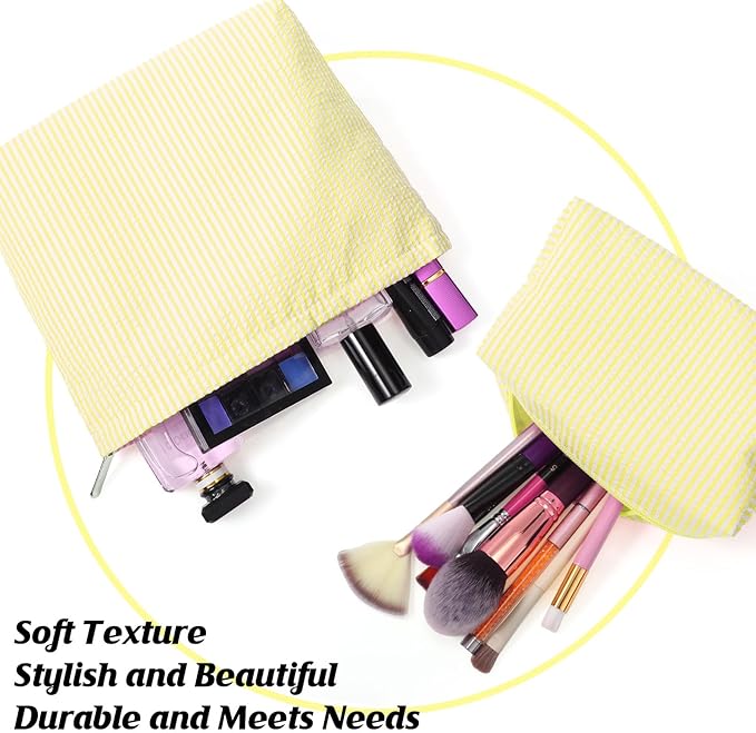 Huhumy 2 Pcs Makeup Bag Set Cute Cosmetic Pouch for Women Seersucker Travel Toiletry Bag Preppy Small Makeup Purse Pouch Aesthetic Skincare Brushes Storage Organizer for Valentine Women(Yellow)
