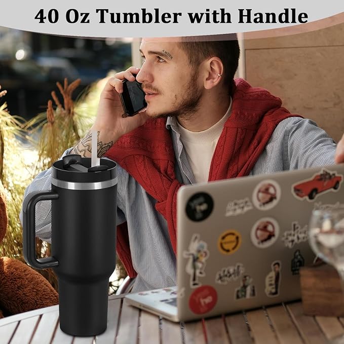 4 Pack 40 Oz Tumbler with Handle Bulk, Double Wall Vacuum Insulated Stainless Steel Tumbler with Lid and Straw, 40 oz cup with Silicone Spill Proof Stopper Set (Black)
