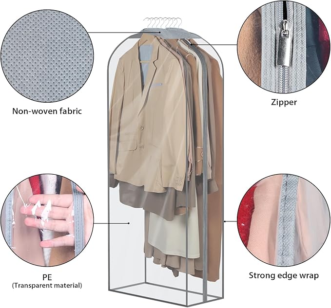Zilink 10" All Gusseted Clear Garment Bags for Hanging Clothes 50" Hanging Garment Bags for Storage Suit Coat Bags for Closet Storage, 4 Packs