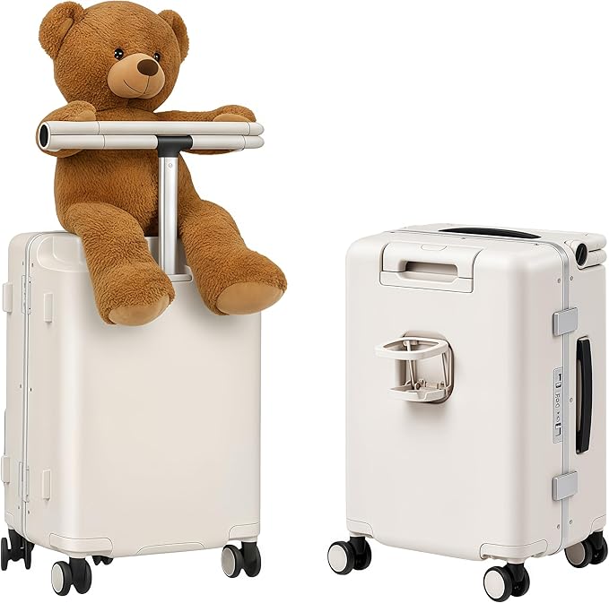 smilesun 20" Adjustable Fence Luggage with Seat, Carry On Suitcase for Kids & Adults, 200lbs Support, 360° Silent Wheels with TSA Lock, Tablet & Cup Holder(White)