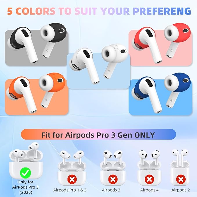 [5 Pairs] for AirPods Pro 3 Ear Tips Cover [Fit in Case], Soft Silicone AirPod Pro 3 Ear Cover Anti Slip Air Pod pro 3 Accessories Compatible with AirPods Pro 3rd Generation Earbuds 2025 (5 Color)