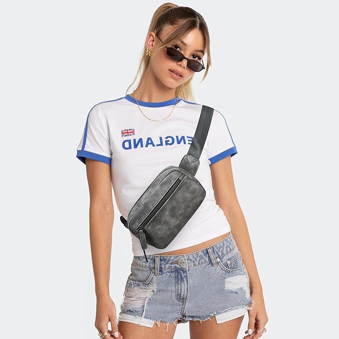 LATMAP 2L Fanny Packs Everywhere Belt Bag Small Fashion Crossbody Waist Pack Faux Leather Waterproof Sling Chest Bag For Women Trendy Grey