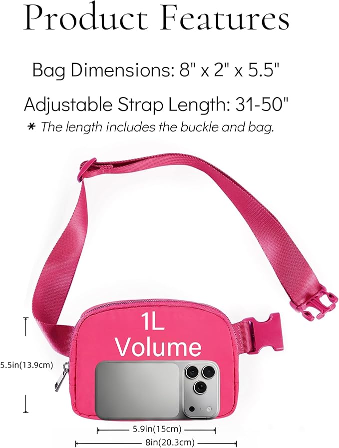 YOSHUYUKI Fanny Pack Cross Body Small Crossbody Bags for Women Men Trendy Nylon Waterproof Mini Purse Travel Running Belt Bag Lulu Dupes Bum Hip Chest Waist Pack Side Bag Must Have Hot Pink
