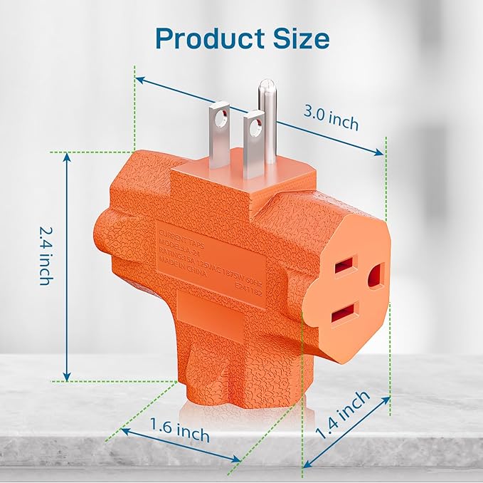 K KASONIC - 3-Outlet Grounding Adapter, [UL Listed] Plug Extender, Heavy-Duty Grounded Power Tap - 3 Pack (Orange)