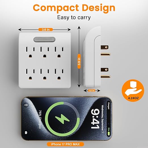 6-Outlet Extender, 3-Prong Grounded Wall Tap Adapter with LED Guide Light, 1875W Multiple Plug Electrical Outlets Splitter for Home, Office, Hotel, Travel, ETL Listed, Cruise Essentials, White