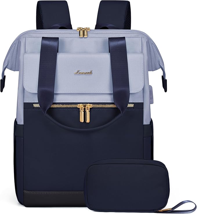 LOVEVOOK Laptop Backpack for Women, 15.6 Inch Work Laptop Bag with USB Port, Fashion Teacher Nurse Backpack Purse, Waterproof Travel Computer Backpack with Organizer Bag, 2PCS, Grey Blue-Ink Blue