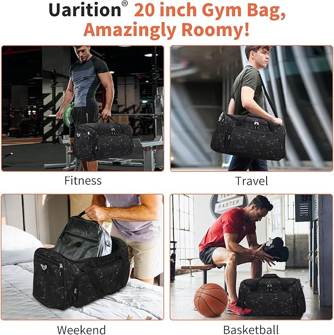 Uarition Men's Large Duffle Bag, 55L Heavy Duty Gym Bag for Sports, Workout, and Travel - Durable Duffel Gear Bag in Marble Black