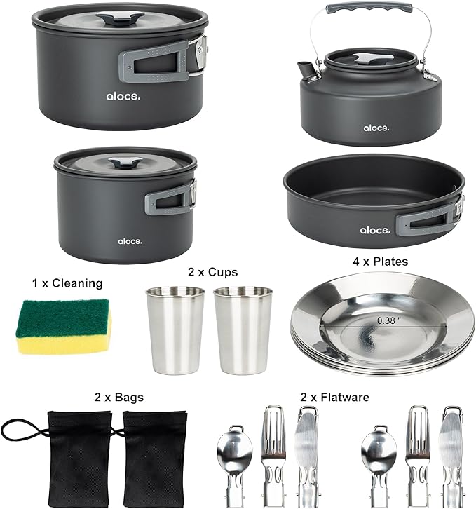 Alocs Camping Cookware Set - Lightweight Camping Pots and Pans - Portable Outdoor Cookware with Kettle - Camping Cookware Mess Kit for 2