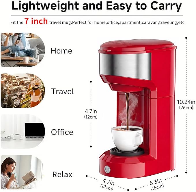 Single Serve Coffee Maker, 2 in 1 Brewer for K Pod & Ground Coffee, 90s Rapid Brew 6 to 14oz Capacities with Auto Shut Off, Small Compact Design for Home Office Travel Camping-Red