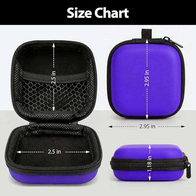 Square Earbud Case with Carabiner, Portable Small Carrying Pouch for Wired/Wireless Earphones, EVA Travel Organizer Box for Charging Cables, USB Flash Drives, SD Cards, Purple