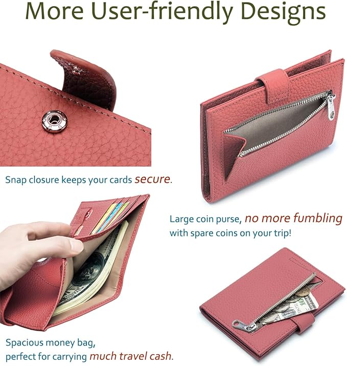 Slim RFID Passport Wallet for Women – Leather Travel Wallet Womens with Passport Slot & Card Slots, Zippered Coin Pocket & Cash Holder Travel Organizer Burnt Sienna (Brick Red)