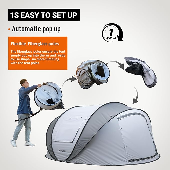 EchoSmile Pop Up Camping Tent, 2/4/6 Person Easy Setup Tent, Water Resistant Dome, Portable with Carry Bag
