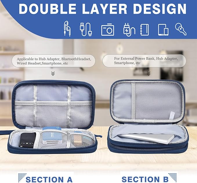 CAAORDKSO Electronic Organizer Travel Cable Accessories Bag, Double Layer Tech Pouch Accessories Carry Case, Travel Essentials for Cable, Cord, Charger, Phone, Power Bank, Earphone (Navy Blue, Large)