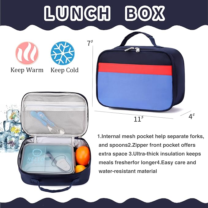 Backpack Set for Girls Boy Kids Backpack with Lunch Box for Elementary Primary Kindergarten School Bag (Navy Blue Set, Large)
