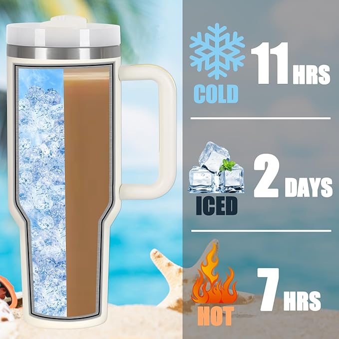 4 Pack 40 Oz Tumbler with Handle Bulk, Double Wall Vacuum Insulated Stainless Steel Tumbler with Lid and Straw, 40 oz cup with Silicone Spill Proof Stopper Set (Cream)