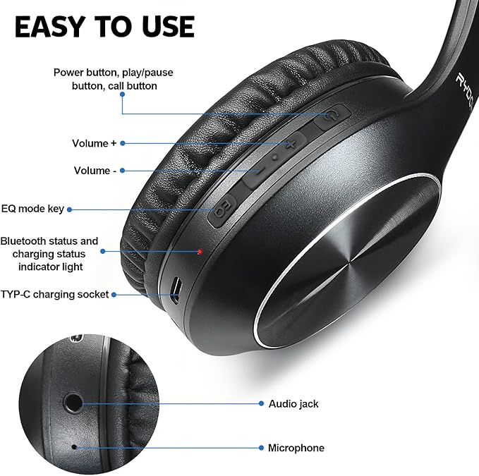 Rydohi Bluetooth Headphones Over Ear, 68H Playtime and 3 EQ Music Modes Wireless Headphones with Microphone/Deep Bass, HiFi Stereo Foldable Lightweight Headset for PC Home Travel Office （Black