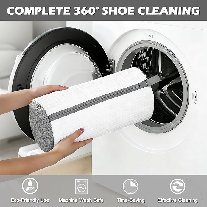 2Pcs Shoe Washing Machine Bag with Shoe Trees & Dryer Bags, Reusable 360° Deep Clean Sneaker Laundry Bag for Washer and Dryer, Protective Shoe Cleaner Bag for Sneakers, Trainers, White