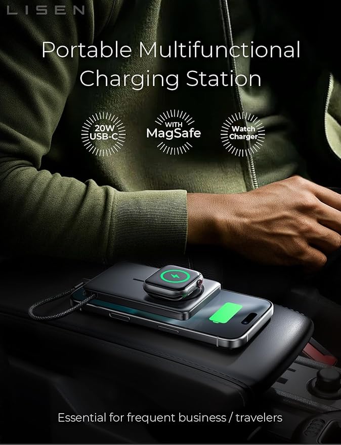 LISEN 0.5'' Ultra Slim MagSafe Power Bank for iPhone and Apple Watch,10000mAh MagSafe Battery Pack,Alloy Magnetic Portable Charger for iPhone 16 Pro Max Plus/15, Apple Watch S11 /S10 S9 SE，Grey