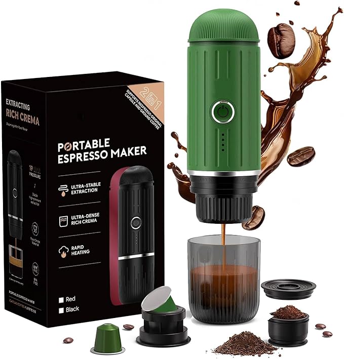 Portable Espresso Machine with 3-4 Min Self-heating, 7800mAh Rechargeable Electric 2-in-1 Coffee Machine Compatible with NS Capsules and Ground Coffee for Car Camping Travelling Office Home , Green