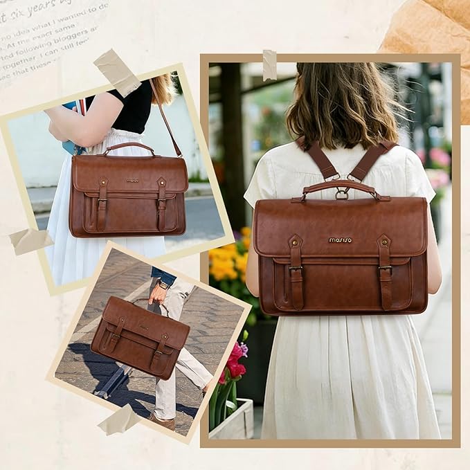 MOSISO 3 in 1 Laptop Bag, 17.3 inch PU Leather Shoulder Bag Briefcase Messenger Satchel Laptop Backpack, 17-17.3 inch Computer Bags Handbag Bookbag, Brown