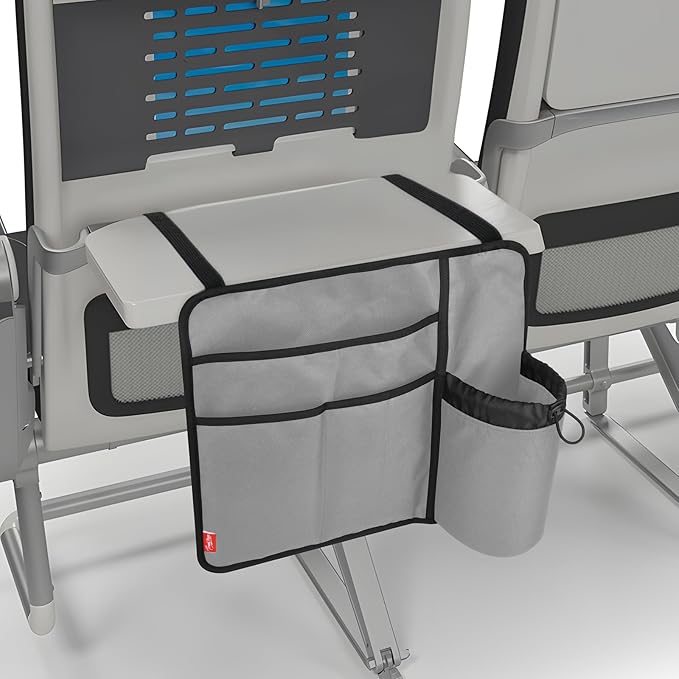 Airplane Seat Back Organizer & Storage, Airplane Tray Table Cover for Personal Items, Airline Seat Hanging Pockets Media Pouch,Reusable Travel Essentials,Fits Tablets,Cell Phone,Water Bottle (Grey)