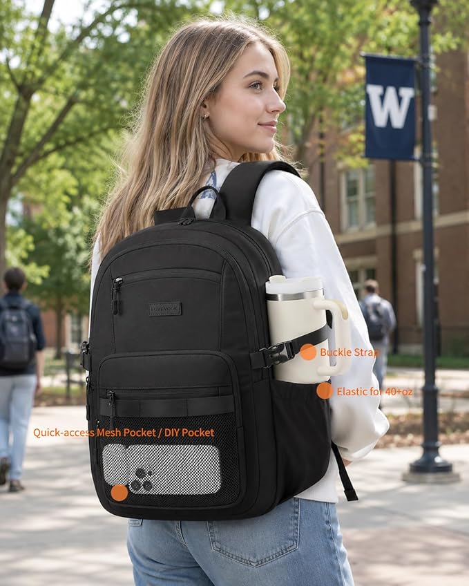 LOVEVOOK Laptop Backpack Women/Men with 40oz Cup Holder Buckle Strap, 15.6 Inch Tech-Ready Work Backpack, TSA-compliant for Travel & College with Versatile Mesh Pocket, Black
