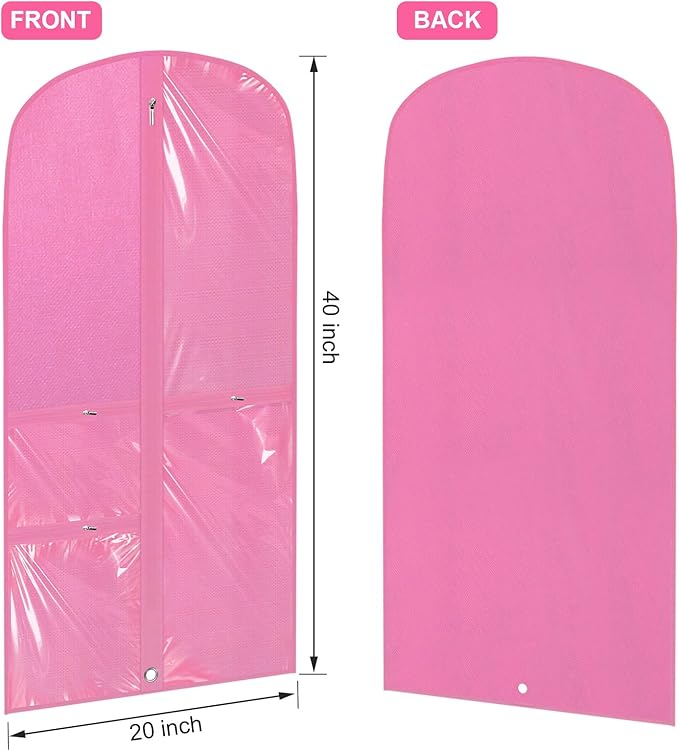 Woanger 6 Pcs Garment Bags for Dance Costumes Clear PVC with Zippers Garment Bag with Pockets Dance Costume Organizer Carrier for Storage Cover for Adult(Pink,20'' X 40'')