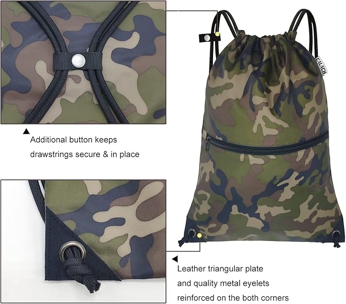 draw string back bag, Large Gym Sports string backpack for men and women with front zipper pocket and inside zipper pocket to keep key or phone (green camo)