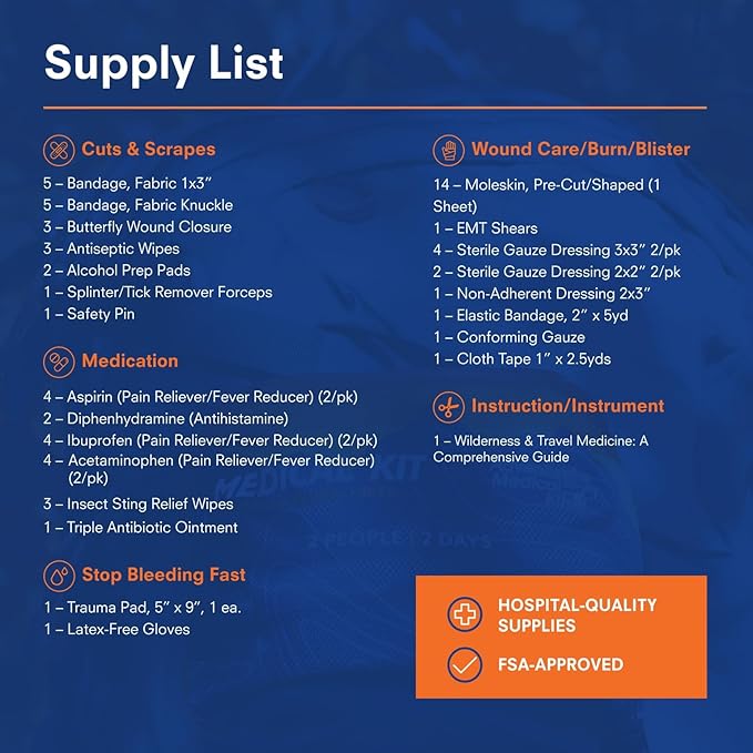 Adventure Medical Kits Mountain Series Medical Kit - Hiker - Emergency Medical First Aid Kit - for 2 People for 2 Days - Comes with a Trauma Pad, Medicine, Guide Book & More - Sunset