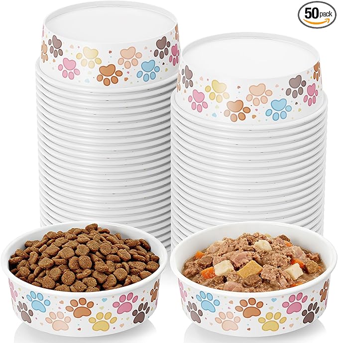 50 Pack Disposable Dog Bowls, 16 oz Paper Pet Bowls for Cats & Dogs, Disposable Cat Food Bowls for Dry Wet Food & Water, Travel Feeding Bowls for Small Medium Pets