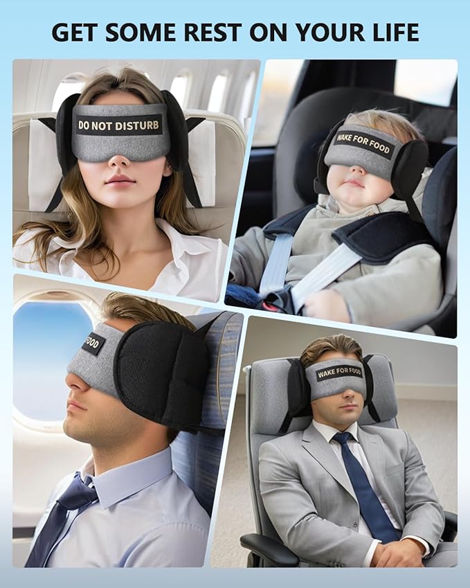 Travel Pillows for Airplanes, Airplane Head Strap with Eye Mask for Long Flight Sleeping Travel, 360° Support Neck Pillow for Plane Car Road Trips Seat Sleep, No Head Waving (White)