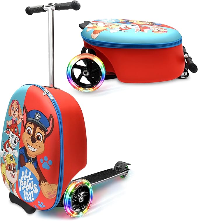Paw Patrol Ride On Suitcase for Kids - Scooter Luggage with Light Up Wheels, Easy Steer and Foldable Carry On Kick Scooter for Toddler, Boys, Girls, Great Travel Gift Idea