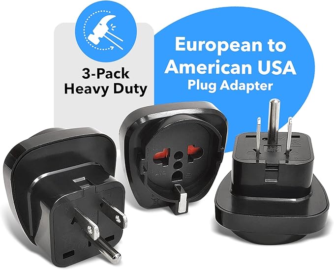 OREI Europe to US Plug Adapter, Grounded European to USA Adapter, American Outlet Plug Adapter, EU to US Adapter, Europe to USA Travel Plug Converter (3 Pack) GP-95