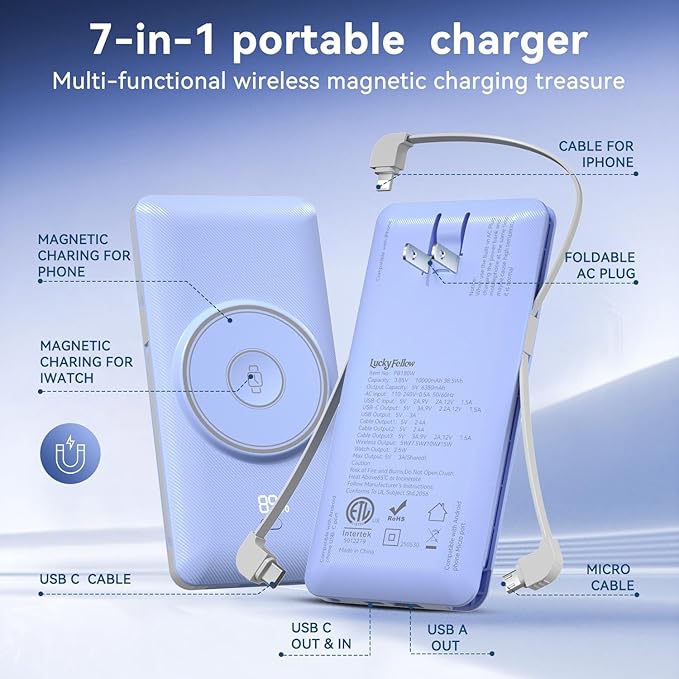 Magnetic 10000mAh Portable Charger for iWatch & iPhone, PD Fast Charging Wireless Power Bank Built-in Cables and Wall Plug, External Travel Battery Pack Compatible with iOS Android Phones